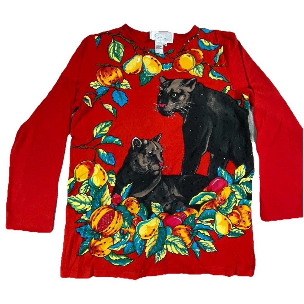 Vintage Blouse Womens Medium Red Cotton Black Panther Fruit Print Sequin Beaded